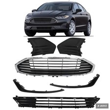 labwork Front Bumper Grille Upper and Lower Black with Chrome Molding Mesh picture