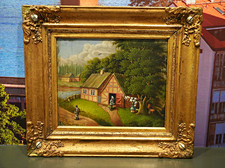 Antique 19th-Century European Rural Farm Scene – Oil on Panel-Period Gilt Frame picture