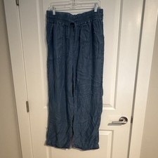 Quince Blue Wide-Leg Pants High Rise Elastic Waist Drawstring Pockets L picture