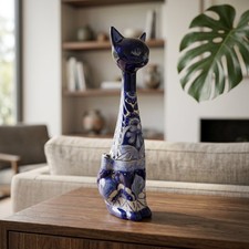 Tall Talavera Cat Statue | Handmade Blue & White Ceramic Figurine picture
