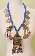 Vintage  Tribal   Necklace with 6 Coins on a Bead string and central pendant 16
