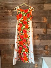 Vintage 1960s Ui-Maikai Hawaiian Barkcloth Maxi Dress Neon Hibiscus Print Sz S picture