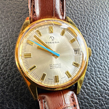 Tressa Automatic Swiss Made 25 Jewels Date Gold Case Brown Leather Strap picture