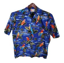 VTG 90s Hilo Hattie Hawaiian Shirt Mens M Blue Parrot Macaw Tropical Made in USA picture