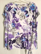 Easywear Chicos-White Black Purple Blue Floral Short Sleeve Tie Front Top-3 XL picture