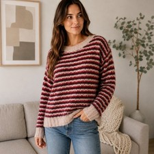 Theory Alpaca Blend Striped Sweater Womens L Fuzzy Crewneck Knit Pullover picture