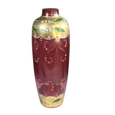 Antique Moser Cranberry Art Glass Vase Bohemian Hand-Painted Blue Floral Gold Gi picture