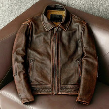 Men’s Motorcycle Vintage Cafe Racer Distressed Brown Biker Real Leather Jacket picture