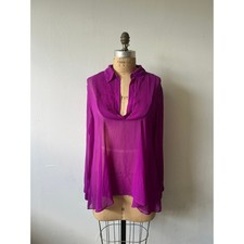 Free People Magenta Sheer Pleated Bib V-Neck Blouse Purple Long Sleeve Small picture