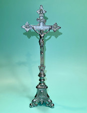 Antique French Spelter Crucifix Holy Family Sacred Heart Mary St Joseph Cross picture