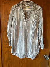 C&C California Women’s 1X White/Blue Striped Linen Collared Tunic Blouse picture