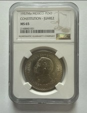 1957 MO MEXICO UN PESO NGC MS65 CONSTITUTION JUAREZ SILVER COIN picture