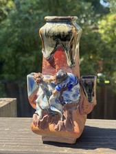 Antique Japanese Meiji Sumida Gawa Pottery Vase H 8.25” X 5” READ picture