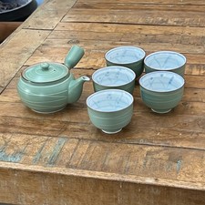 Arita Ware Tea Set Teapot & 5 Cups Light Green With White Swirl picture