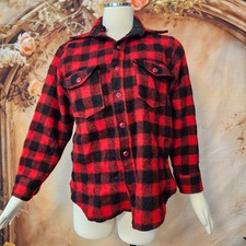 Vintage 1970s Woolrich Jacket Shirt Mens Red Black Buffalo Plaid Wool Flannel picture