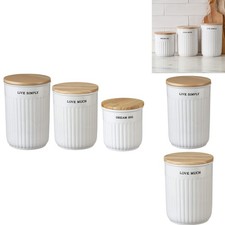 Primitives by Kathy Nesting Kitchen Canister Jars Set of 3 White Stoneware Wood picture