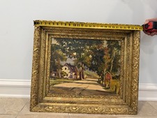 Framed Impressionist Landscape Canvas Painting House Trees Road 23x27 in picture