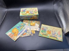 Vintage Wooden Block Puzzle 6 Piece Animal Cube Cards Bear Rabbit Toy picture