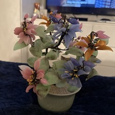 Vintage Asian Glass Bonsai Tree Jade Cherry Blossoms Flowers In Celadon Pot picture