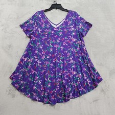 Roaman's Top Womens 18/20 Blue Purple Floral V-Neck Short Sleeve Tunic Flowy picture