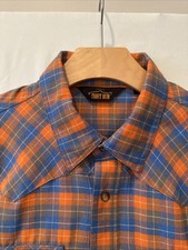 Orvis Trout Bum Shirt Mens LG Orange Blue Plaid Pearl Snap Western Flannel picture