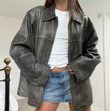 Oversized Women's Vintage Distressed Greyish Black Crackled Real Leather Jacket picture