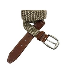 Martin Dingman Belt Mens 38 Brown Woven Leather Trim Silver Buckle Ivory Olive picture