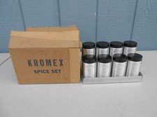 Vintage Kromex Aluminum Spice Jar Set 8 Shakers with Wall Rack New Open Box picture