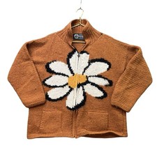 Vintage Otavalo Ecuador Wool Cardigan Sweater Daisy Flower Hand Knit Zip W XL picture