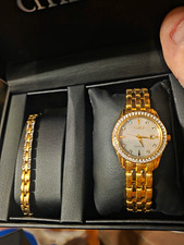 2 Citizen Eco-Drive Gold-Tone Chronograph Black Dial 50m Bracelet w/ Box M+F picture