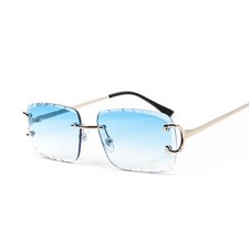 Men's Rimless Luxury Hip Hop Baby Blue Tint Silver Frame Rectangle Sunglasses picture