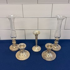 Sterling Silver Weighted Candlesticks & Bud Vases Lot of 5 Elgin Fisher Garden picture