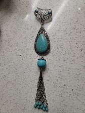 Vintage Statement Cat Pendant Faux Turquoise & Silver 9.5
