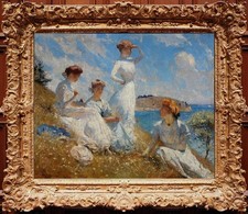 Handmade Old Master-Art Antique Oil Painting women girl seaside on canvas 24x30