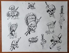 1987 Tatts Tommy Vintage Biker Style Tattoo Flash Sheet Skulls Army Ranger USA picture