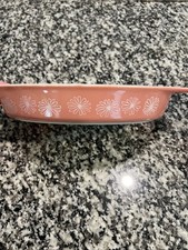 Vintage Pyrex Pink Daisy Oval Divided Casserole Dish 1.5 qt 1950s picture