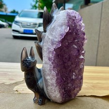 4.89LB  Beautiful nine tailed fox, fluorite, amethyst cave, hand carved picture