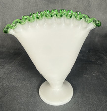 Vintage Fenton (?) Style Green Crest Milk Glass Trumpet Vase Green Ruffled Rim picture