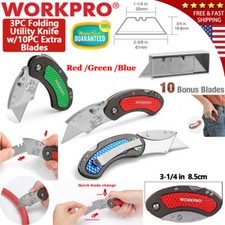 WORKPRO 3PC Folding Utility Knife Quick Change Belt Clip w/10PC Extra SK5 Blades picture