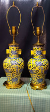 Pair Vintage Chinoiserie Porcelain Table Lamps Yellow With Blue Floral -27