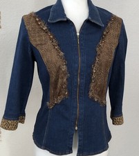 Dorothy Schoelen Western glam Denim zip Top Feathers and Suede EUC Jrs M picture