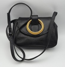VTG Sondra Roberts Black Leather Messenger Black Bag W/ Gold Color Ring Handle picture