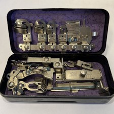 Vintage Rotary Greist Sewing Machine Attachments Purple Lined Metal Case Box picture