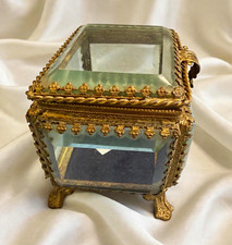 Vintage Style Ormolu Gold Tone Glass Trinket Box, Ornate Feet, Hinged Lid picture