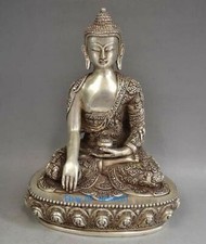Old Tibetan Silver Hand carved Sakyamuni Shakyamuni Amitabha Buddha Seat Statue picture
