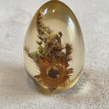 Vintage 70's Clear Resin Florals Lucite Egg Paperweight 3 In  picture
