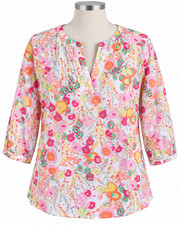 Talbots Women's LARGE Floral 100% Cotton Tunic Top 3/4 Sleeve V-Neck Pleated NEW picture