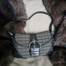 Coach Signature Small Crescent Shoulder Bag Black/Gray Buckle Detachable Strap picture