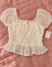 Japna Floral Mesh Blouse Size XL Ivory Square Neck Peplum Top picture