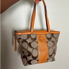 Coach Signature Gallery Tote Bag Orange Brown Monogram Canvas Shoulder Bag picture
